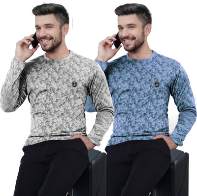 AVOLT Printed Men Round Neck White, Light Blue T-Shirt
