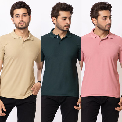 HILFIRE REGION Solid Men Polo Neck Beige, Green, Pink T-Shirt