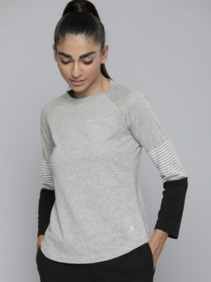 HRX by Hrithik Roshan Striped Women Round Neck Grey T-Shirt