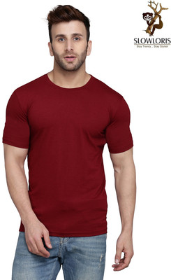 SLOWLORIS Solid Men Round Neck Maroon T-Shirt