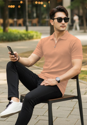 The Stanch Self Design Men Polo Neck Pink T-Shirt