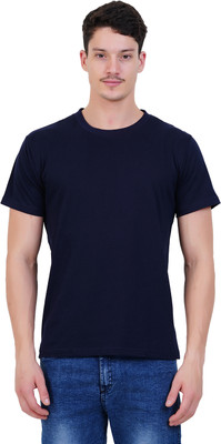 DUDEFAS Solid Men Round Neck Navy Blue T-Shirt