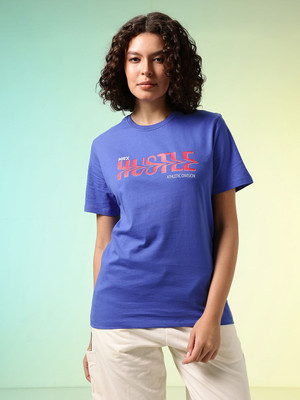 HRX by Hrithik Roshan Typography Women Round Neck Blue T-Shirt