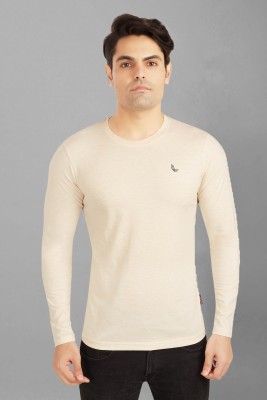 Outlaws Solid Men Round Neck Beige T-Shirt