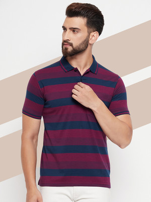UNIBERRY Striped Men Polo Neck Maroon T-Shirt