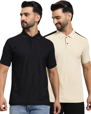 MONTCLAIR Solid Men Polo Neck Black, Beige T-Shirt