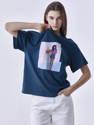 Cover Story Printed Women Round Neck Blue T-Shirt