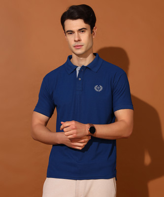 Christy World Solid Men Polo Neck Blue T-Shirt