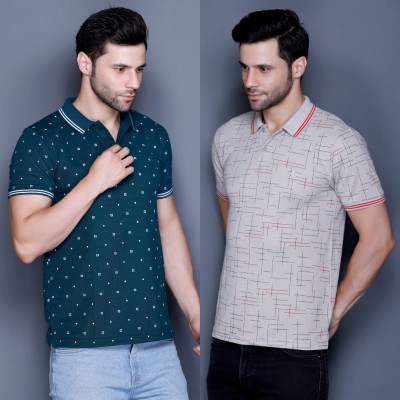 MELLOWMEN Polka Print, Printed Men Polo Neck Dark Green, Grey T-Shirt