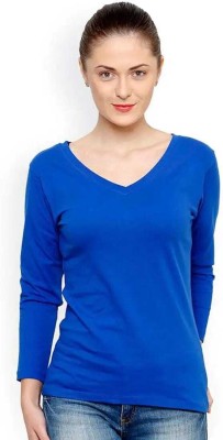 Nilan Tees Solid Women V Neck Blue T-Shirt