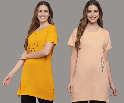 issavi Printed Women Round Neck Yellow, Beige T-Shirt