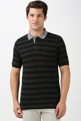 PETER ENGLAND Striped Men Polo Neck Black T-Shirt