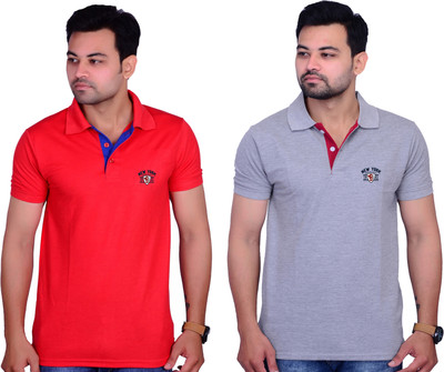 Cousin's Printed Men Polo Neck Grey, Red T-Shirt