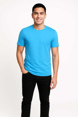 Yesbelieve Solid Men Round Neck Blue T-Shirt
