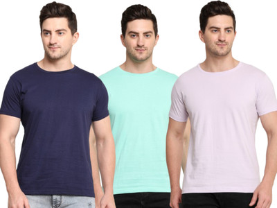 PATEL HUB Solid Men Crew Neck Navy Blue, Light Green, Purple T-Shirt