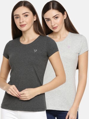 TWIN BIRDS Solid Women Round Neck Black, Grey T-Shirt