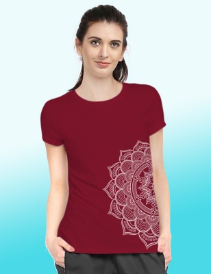 Blingmore Printed Women Round Neck Maroon T-Shirt