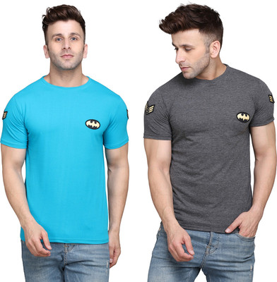 tfurnish Printed, Solid Men Round Neck Light Blue, Grey T-Shirt