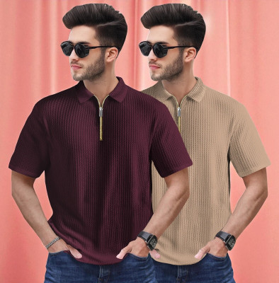 Emporium Self Design Men Zip Neck Maroon, Grey T-Shirt