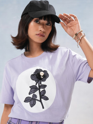 Tokyo Talkies Printed Women Round Neck Purple T-Shirt