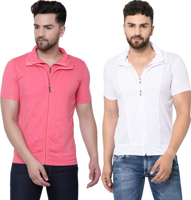 JB Jangoboy Solid Men Polo Neck White, Pink T-Shirt
