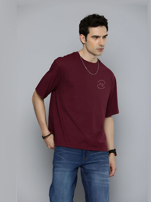 R.Code by The Roadster Life Co. Solid Men Round Neck Maroon T-Shirt