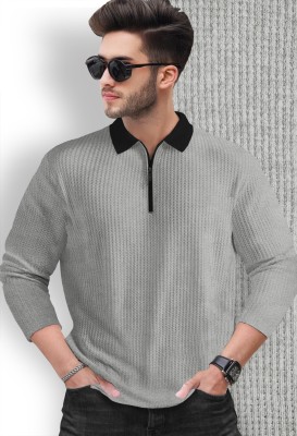 TRIPR Self Design Men Polo Neck Grey T-Shirt