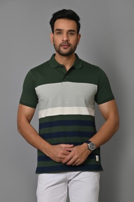 Arbour Striped Men Polo Neck Dark Green, Dark Blue, White T-Shirt