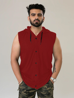 GEUM Solid Men Hooded Neck Maroon T-Shirt