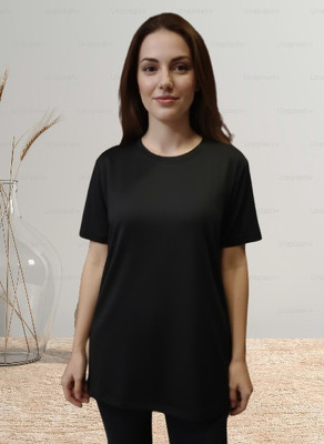MYo2 Solid Women Round Neck Reversible Black T-Shirt