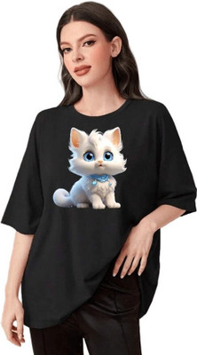 FLUFFYY ENTERPRISE Printed Women Round Neck Black T-Shirt