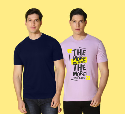 WOOSTRO Solid, Printed Men Round Neck Dark Blue, Pink T-Shirt