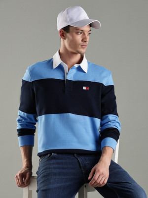 TOMMY HILFIGER Striped Men Polo Neck Blue T-Shirt