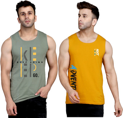 SLOWLORIS Printed Men Round Neck Light Green, Yellow T-Shirt