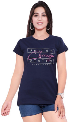 vax vax Graphic Print Women Round Neck Navy Blue T-Shirt