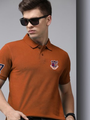 ADORATE Solid Men Polo Neck Orange T-Shirt