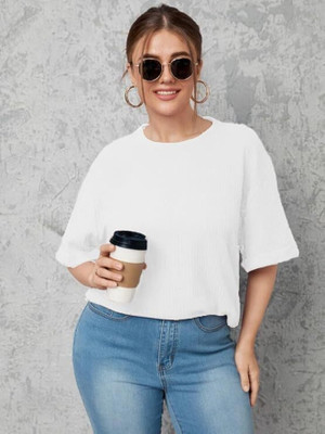 SFCLICK Solid Women Round Neck White T-Shirt
