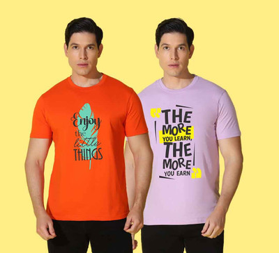 WOOSTRO Printed, Solid Men Round Neck Orange, Purple T-Shirt