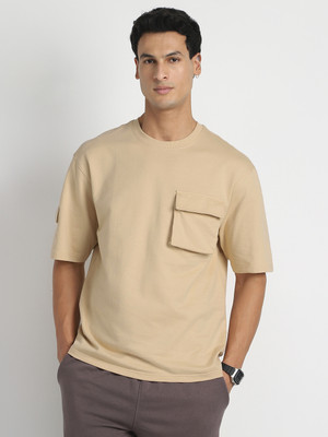 NOBERO Solid Men Round Neck Beige T-Shirt