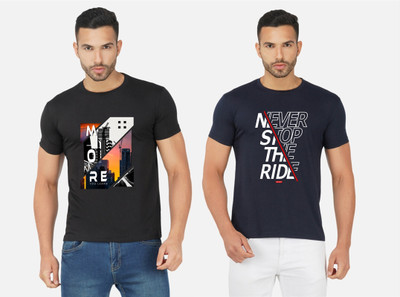GLOBAL NOMAD Printed Men Round Neck Black, Navy Blue T-Shirt