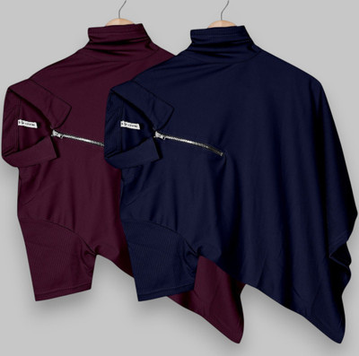 PRAIZY Self Design Men Zip Neck Navy Blue, Purple T-Shirt