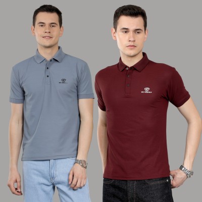 We Perfect Solid Men Polo Neck Grey, Maroon T-Shirt