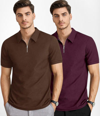 BELPATRA Solid Men Polo Neck Brown, Purple T-Shirt
