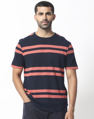 RARE RABBIT Striped Men Round Neck Dark Blue T-Shirt