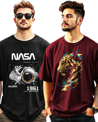 AUSK Printed Men Round Neck Maroon, Black T-Shirt
