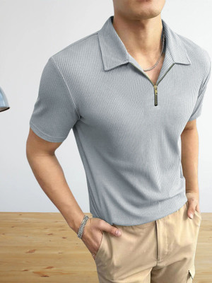 POPLENS Self Design Men Polo Neck Grey T-Shirt