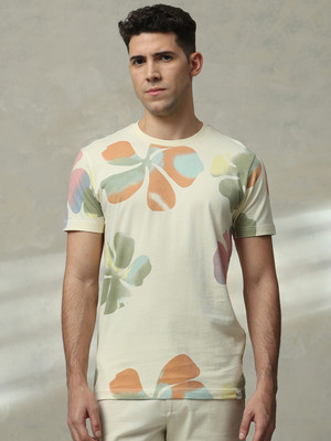 MUFTI Floral Print Men Round Neck Beige T-Shirt
