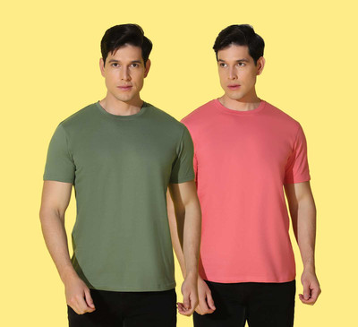 WOOSTRO Solid, Printed Men Round Neck Pink, Green T-Shirt