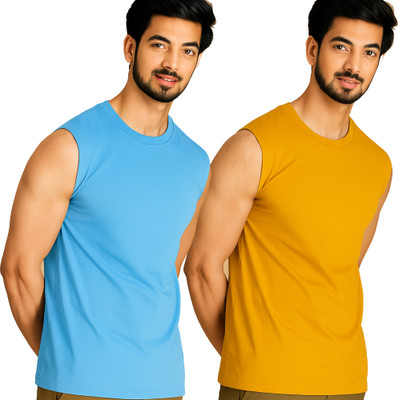 Moordale Solid Men Round Neck Blue, Yellow T-Shirt