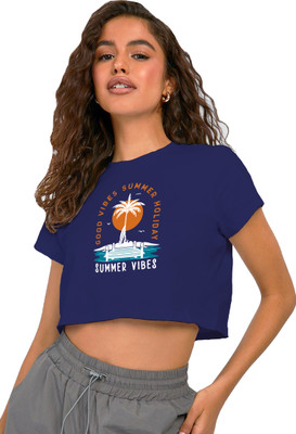 BEFLI Printed, Typography Women Round Neck Blue T-Shirt